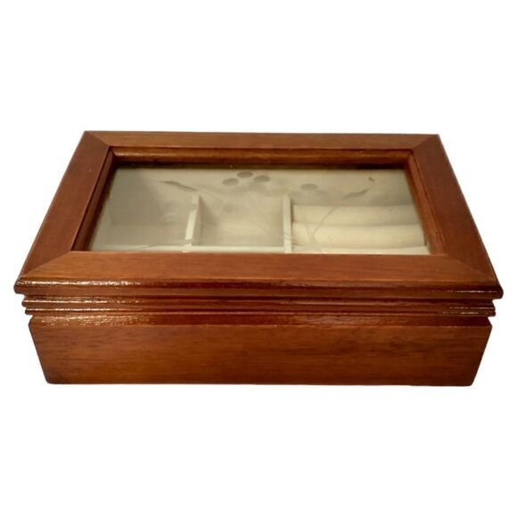 Vintage Jewelry Box Etched Glass Top Wood Tab Velvet Lined 80s 90s Hinge Dresser - Picture 11 of 16
